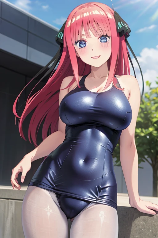 best quality, ultra-detailed masterpiece, anime art style, cute characters, nino nakano, one-piece swimsuit, large breasts, pantyhose, blush, smile