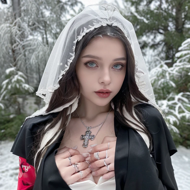 1 miniature Beautiful beautiful woman - Yuan Sayuki, ((top quality, 8K, Masterpiece:1.retty woman, 1 woman, huge breasts:1.3, a slim body:1.1, lush white short hair, (shower, wet body, wet clothes:1.1), very detailed face, detailed lips, detailed eyes, double eyelids, Detailed blue eyes, чрезвычайно Detailed Outstanding Blue Eyes, short white wet hair, white wet hair, Detailed Outstanding Blue Eyes, innocent look at the viewer, ,very wet wavy white hair, Detailed Outstanding Blue Eyes, huge cross earrings, Outdoors, badges behind, gothic wedding uniform, sexy gothic style wedding dress with veil, bare chest, huge chest tattoo wearing a wreath, detailed huge catholic cross earrings, chest tattoo, Outside - there are trees and a buddhist temple in the background (mountain vicinity), wear a silver cross (Detailed cross shape), reality mode, wet breasts, black necklace, black wedding dress and black veil, human crowd behind, head/forehead chain veil, black latex gloves, naked breasts, naked breasts, naked nipples, hair of white snowy colour, night time, red neon lights, demonic nun, nimbus (golden lighting ring above her head), angel, snowy weather, detailed and flawless buddhist temple behind, sexy pose, white lingerie