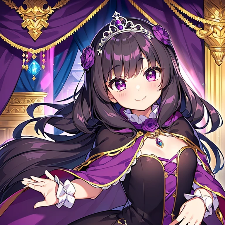 (kawaii),(best quality),(ultra detailed), upper body,(rococo style),(long train dark violet cape:1.15), very long cape,(long train dark violet ball gown with flower decorations), a girl is wearing a cape over her gown, 1 little princess, tiara, smile, small breasts, very long hair