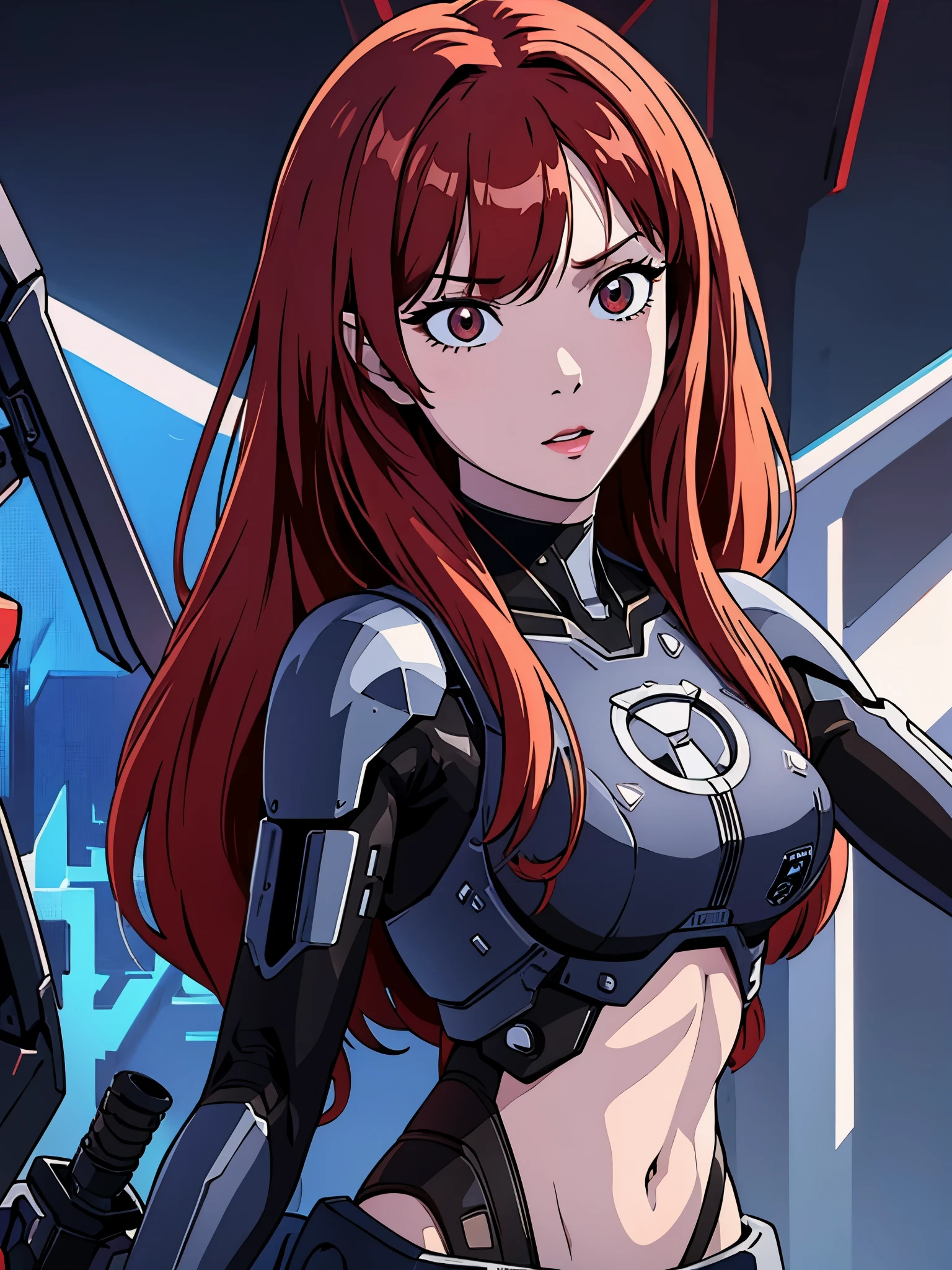 digital art drawing, illustration of (Winter from k-pop group aespa, girl, long red hair with bangs, brown eyes, metal robotic arms, evil look, cyberpunk 2077), anime drawing/art, bold linework, illustration, digital art, masterpiece, flat illustration, no shadows, 8k resolution, high detail, vector art, only anime, perfect eyes, perfect hands, sharpness, high clarity, medium close up, high fidelity
