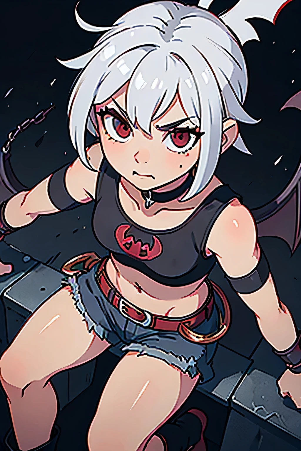 Draw a muscular demon girl with short white hair, wearing gothic clothes and platform boots. She should have gray skin and red eyes. Additionally, give her bat wings. I want her to wear black denim shorts with a leather belt and chains attached to it. Also, I want her to wear a spiked choker and a leather jacket with a black top underneath. Add black steel gauntlets. Make sure the drawing style is inspired by anime.