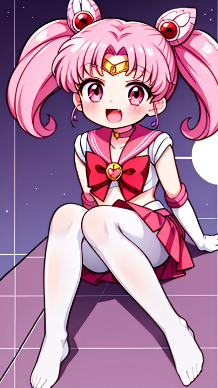 Sailor Moon,young年,Seven years old,cute,(Little ),Pink hair twintails,short hair,Sailor Suit,red bow,White elbow gloves,Red Skirt,no shoes,Open your mouth,laughing out loud,Fangs,(White pantyhose),soles of feet,Soles,(young),(little man),sit
