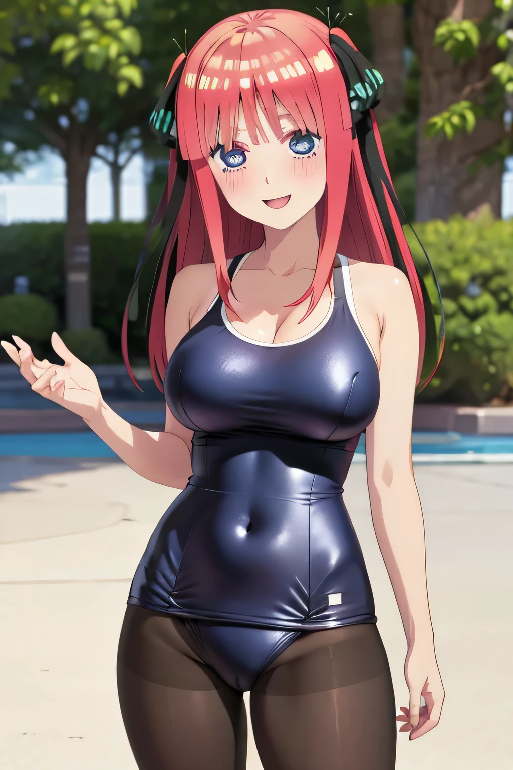 best quality, ultra-detailed masterpiece, anime art style, cute characters, nino nakano, one-piece swimsuit, large breasts, pantyhose, blush, smile