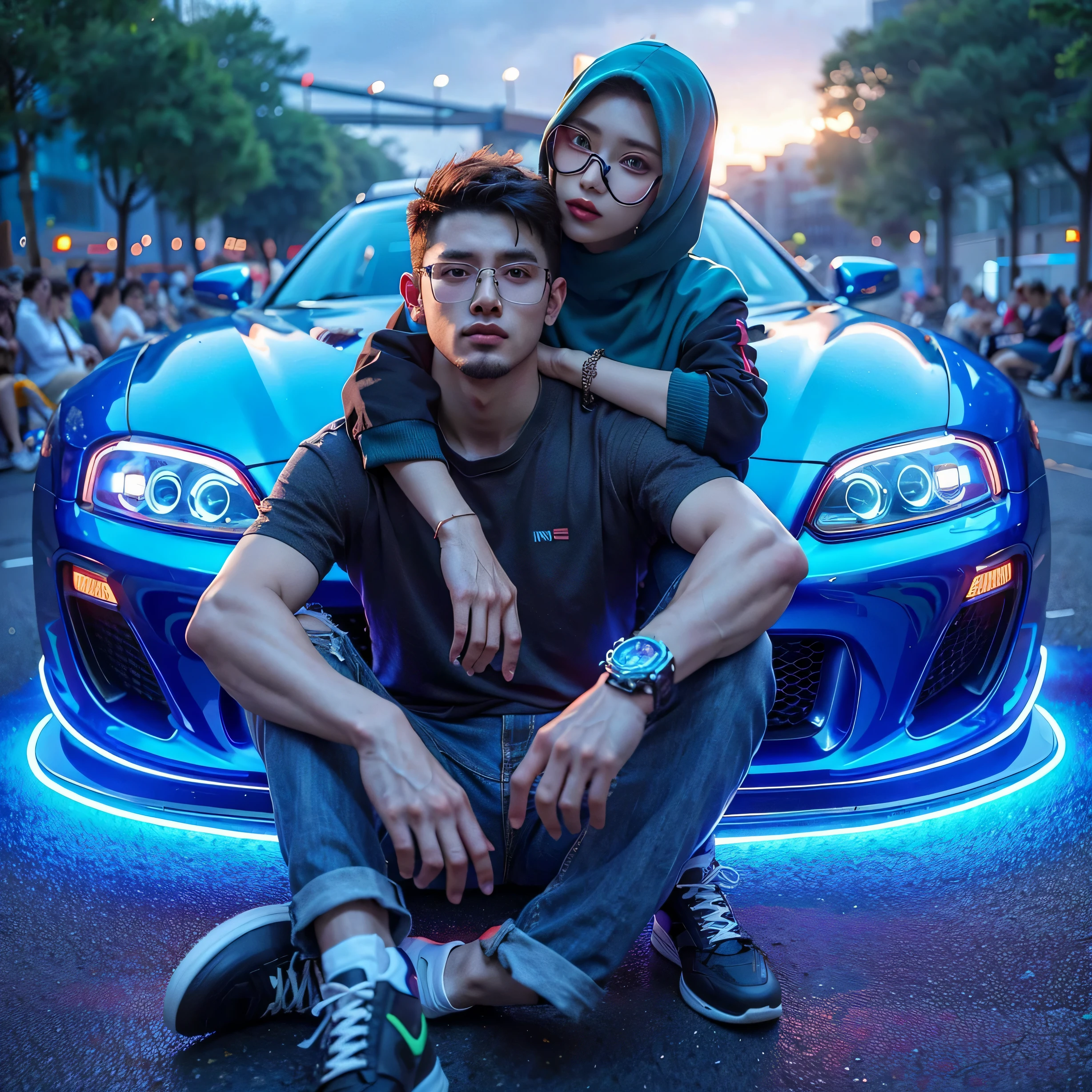 chang background cyberpunk handsome boy and girl realistic face, 32k