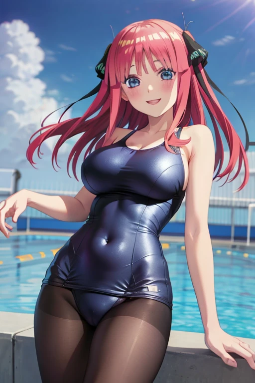 best quality, ultra-detailed masterpiece, anime art style, cute characters, nino nakano, one-piece swimsuit, large breasts, pantyhose, blush, smile