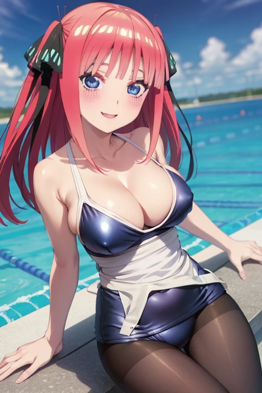 best quality, ultra-detailed masterpiece, anime art style, cute characters, nino nakano, one-piece swimsuit, large breasts, pantyhose, blush, smile