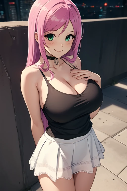 1 girl, 19 years old, long pink hair, green eyes with slit pupils, master-piece, best quality, (standing up), (pink tank top), (pink sleeveless lace camisole, white mini skirt, cleavage),  (Big , ultra gigantic , Super super big, Glamorous body), Make eye contact with the camera, front figure, looking forward, (light_Smile:1.5), (Detailed hands and fingers:1.2) (Cyberpunk City), (FULL BODYSHOT), thighs thighs thighs thighs、beauty legs、Bare legs