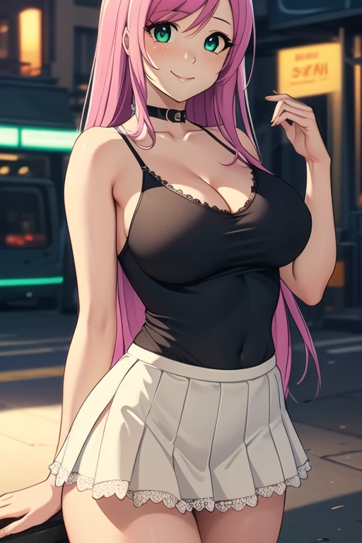 1 girl, 19 years old, long pink hair, green eyes with slit pupils, master-piece, best quality, (standing up), (pink tank top), (pink sleeveless lace camisole, white mini skirt, cleavage),  (Big , ultra gigantic , Super super big, Glamorous body), Make eye contact with the camera, front figure, looking forward, (light_Smile:1.5), (Detailed hands and fingers:1.2) (Cyberpunk City), (FULL BODYSHOT), thighs thighs thighs thighs、beauty legs、Bare legs