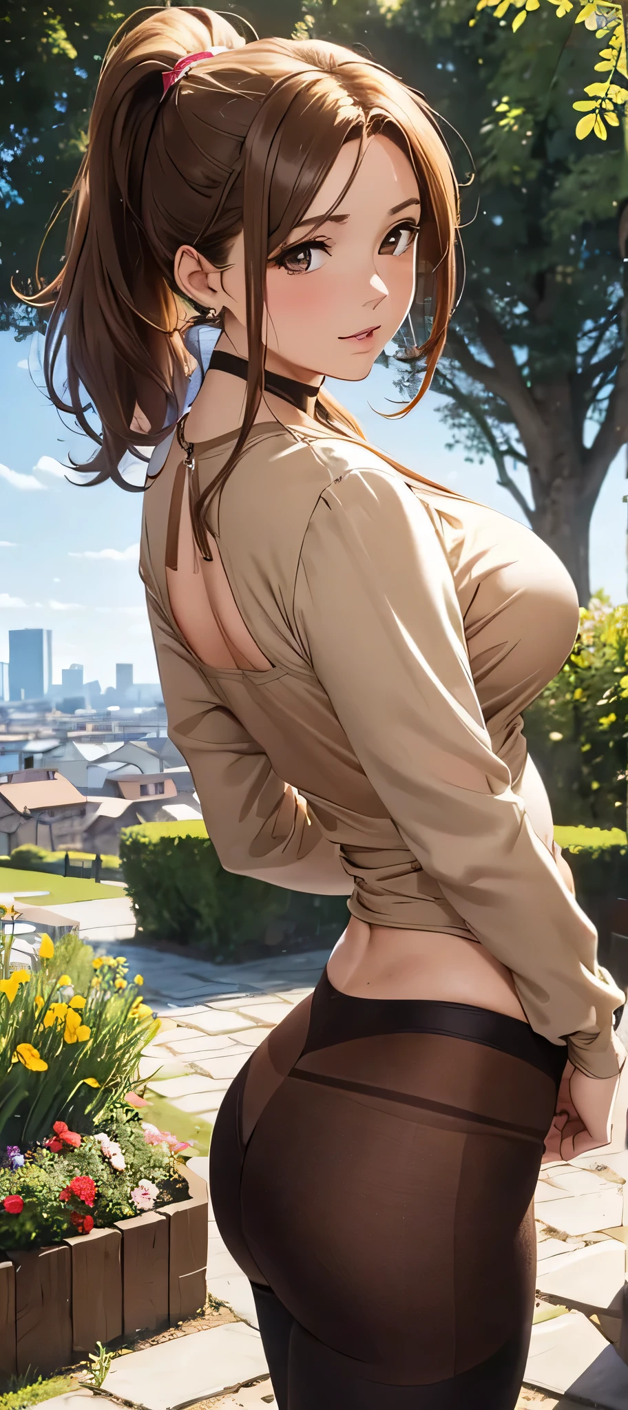 Light brown hair, Small ???????, Narrow waist, Thick thighs, Shapely ????, The body is slim, ponytail, (((Tight blouse))), Cleavage, necklace, Seductive posture, ?????? compression, Down blouse, Leaning forward, garden, path, wood, Flowers, distant city in the background, View your viewers, ???? look