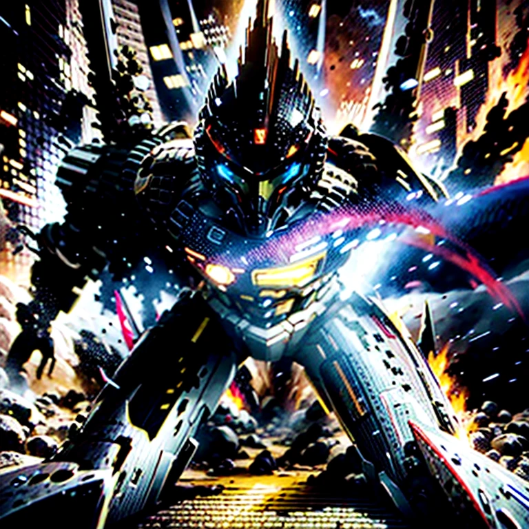 modern pulp magazine style image depicting an intense intergalactic battle scene. The illustration features space warriors distinctively designed armor, fully utilizing the widescreen format to show dynamic combat against grotesque, otherworldly demons. The scene unfolds on a devastated alien planet, with the battlefield stretching across the full width of the image. The dramatic, war-torn landscape and high-contrast colors enhance the visual intensity of the battle, making it memorable and striking. —ar 16:9