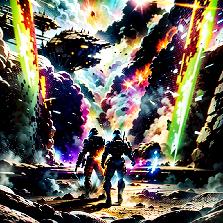 modern pulp magazine style image depicting an intense intergalactic battle scene. The illustration features space warriors distinctively designed armor, fully utilizing the widescreen format to show dynamic combat against grotesque, otherworldly demons. The scene unfolds on a devastated alien planet, with the battlefield stretching across the full width of the image. The dramatic, war-torn landscape and high-contrast colors enhance the visual intensity of the battle, making it memorable and striking. —ar 16:9 