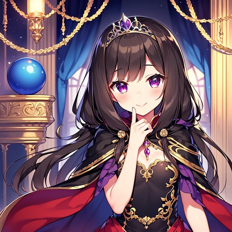 (kawaii),(best quality),(ultra detailed), upper body,(rococo style),(long train dark violet cape:1.15), very long cape,(long train dark violet ball gown with flower decorations), a girl is wearing a cape over her gown, 1 little princess, tiara, smile, small breasts, very long hair
