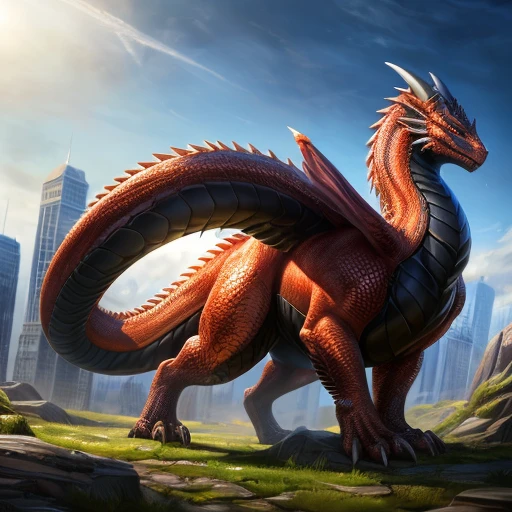 (high quality,4k,8k,highres,masterpiece:1.2),ultra-detailed,(realistic,photorealistic,photo-realistic:1.37),pixiv masterpiece,(intricate details), nsfw, chubby wet feral Dragon with highly detailed orange scales and Black fluffy hair, feral, stunningly sharp-focus, charming chubby body, curvy, huge ass, very big ass, wet ass, wide hips, thicc thighs, enchanting black hue, swaying tail, impressive scales, powerful presence, mesmerizing beauty, evil posture, well-defined claws, sinister-hearted, radiant aura, captivating artwork, artistically rendered, masterful strokes, attention to detail, tasteful composition, alluring charm, careful shading, great attention to anatomy, meticulous rendering, impeccable craftsmanship, vivid colors, perfect balance between realism and fantasy, wet, sweaty, big fluffy tail, thick tail, squish focus, Landscape shot, City