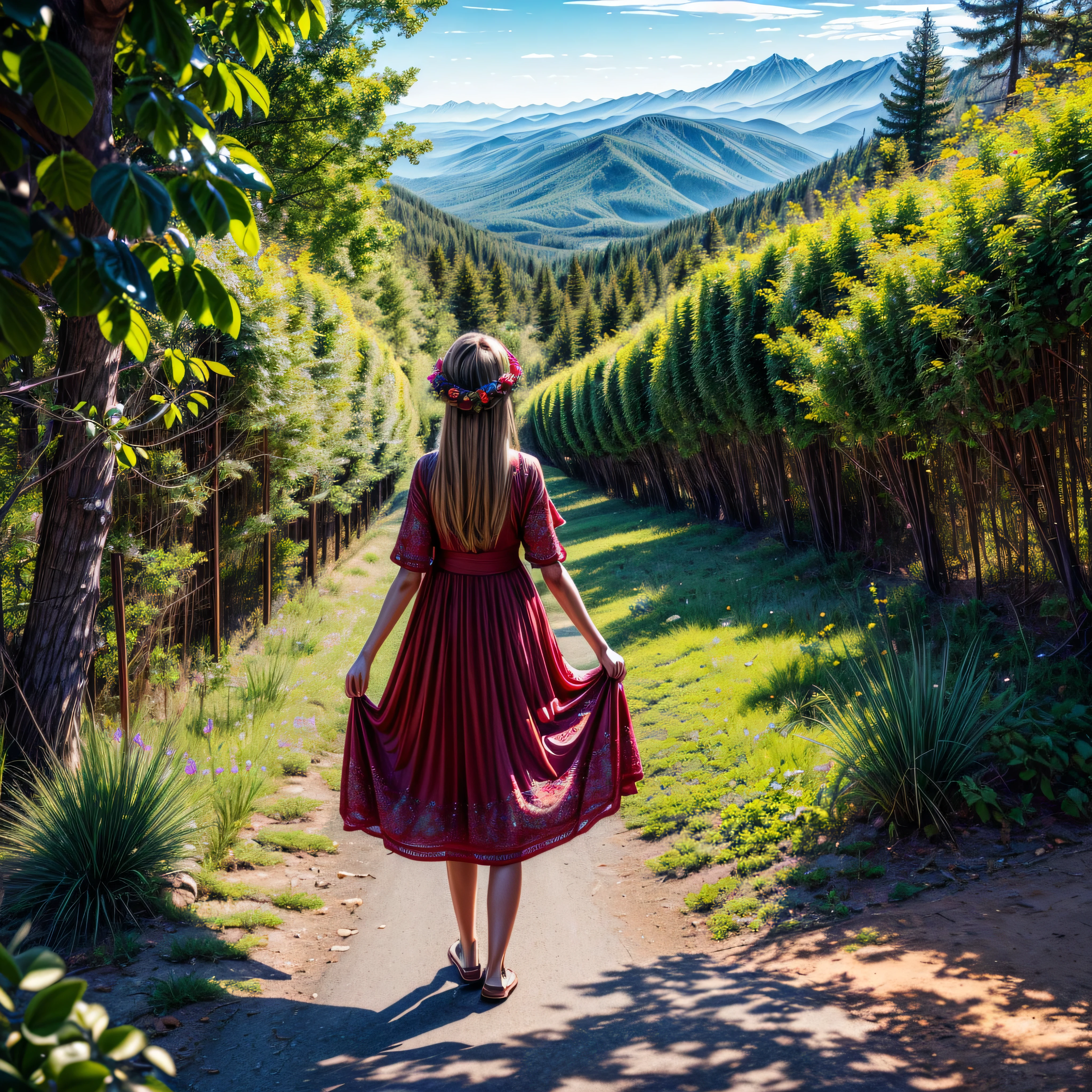 there is a in a red and white dress holding a bouquet, girl in flowers, picking flowers, holding flowers, picking up a flower, girl standing in flower field, girl standing in a flower field, flowers on heir cheeks, girl in a flower field, portrait of girl in flower field, girl walking in forest, girl with a flower head.(16k,32K, unit wallpaper CG extremely detailed, masterpiece, best quality, ultra-detailed), (((solo)))), ((extremely wide shot:1.15)), a man on a bridge looking at a scifi city in the distance in the background, ((back view)), ((full body)), (high detail), (intricate details), intricate, magnificent scene, detailed environment, highly detailed environment, illustrator, (masterpiece). --v 6 --s 1000 --c 20 --q 5