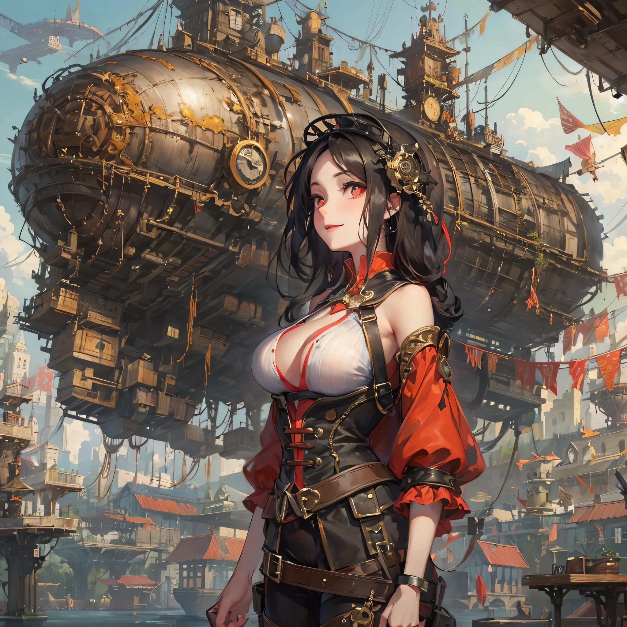 perfect anatomy, masterpiece:1.4, highres, 16k, (detailed mechanical:1.4 city, filled with steam:1.3) (in the steampunk:1.5 city), ((the background biggest Mechanical airship)), break, (traveller style)
(from-side profile, wide-angle:1.3) (solo:1.3 straight black hair long hair femdom cute girl), ((18 yo)), (bigboobs, detailed lovely red eyes, love:1.2 smile), break, (in a summer elegant onepiece), (have a Travel bag).