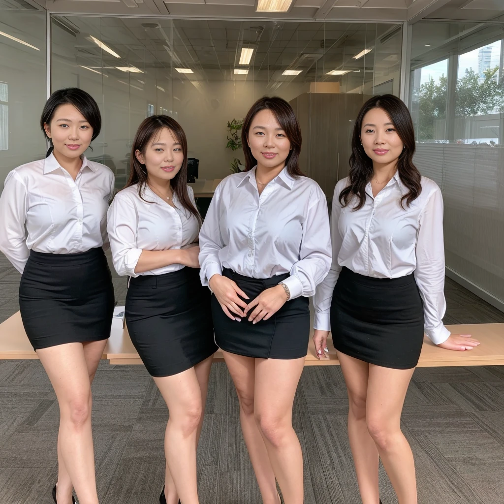 ((Best Quality, 8k, Masterpiecedetails, ultra-high resolution)), (group picture),(looking at the viewer), (full shot:), attractive business 5 milfs, 5 people, a bit chubby:0.25, seductive expression, white collared shirt, grey skirt, (sitting with cross legs on office desks)), smile, office of CEO