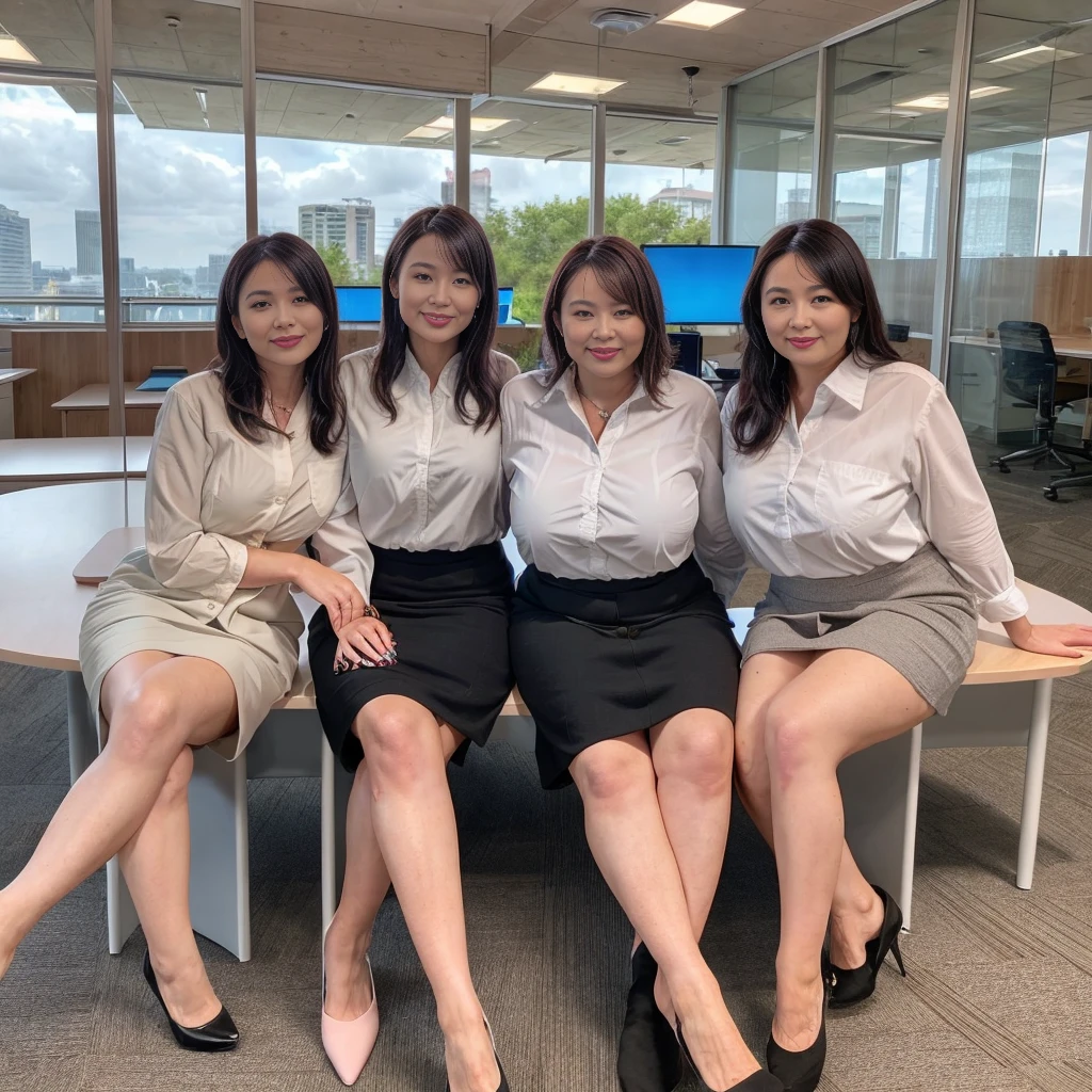 ((Best Quality, 8k, Masterpiecedetails, ultra-high resolution)), (group picture),(looking at the viewer), (full shot:), attractive business 5 milfs, 5 people, a bit chubby:0.25, seductive expression, white collared shirt, grey skirt, (sitting with cross legs on office desks)), smile, office of CEO