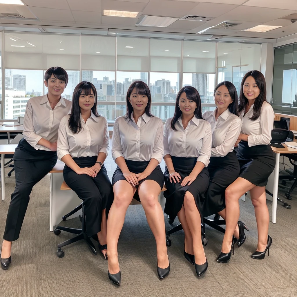 ((Best Quality, 8k, Masterpiecedetails, ultra-high resolution)), (group picture),(looking at the viewer), (full shot:), attractive business 5 milfs, 5 people, a bit chubby:0.25, seductive expression, white collared shirt, grey skirt, (sitting with cross legs on office desks)), smile, office of CEO