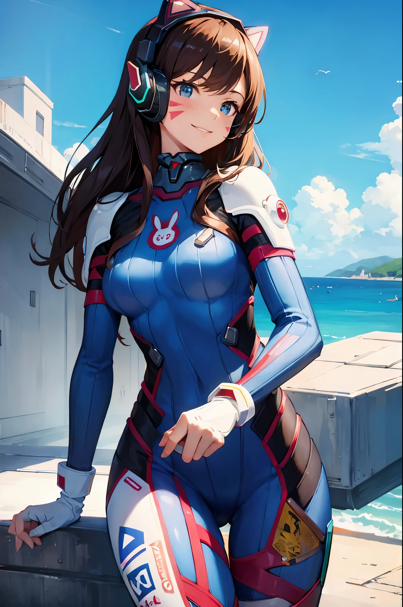 (masterpiece, best quality:1.2), expressive eyes, perfect face, highres, 1girl, solo, aahana, long hair, brown hair, headphones, whisker markings, shoulder pads, blue bodysuit, ribbed bodysuit, animal print, clothes writing, long sleeves, white gloves, smiling, standing, cowboy shot, looking at the viewer