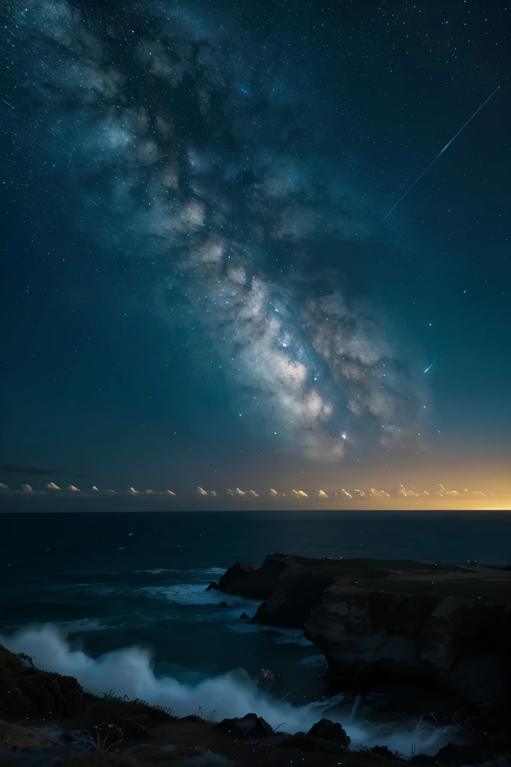 haz un oceano, y en el cielo que haya nebulosas y estrellas con tono azulado y que sea de noche en oscuridad