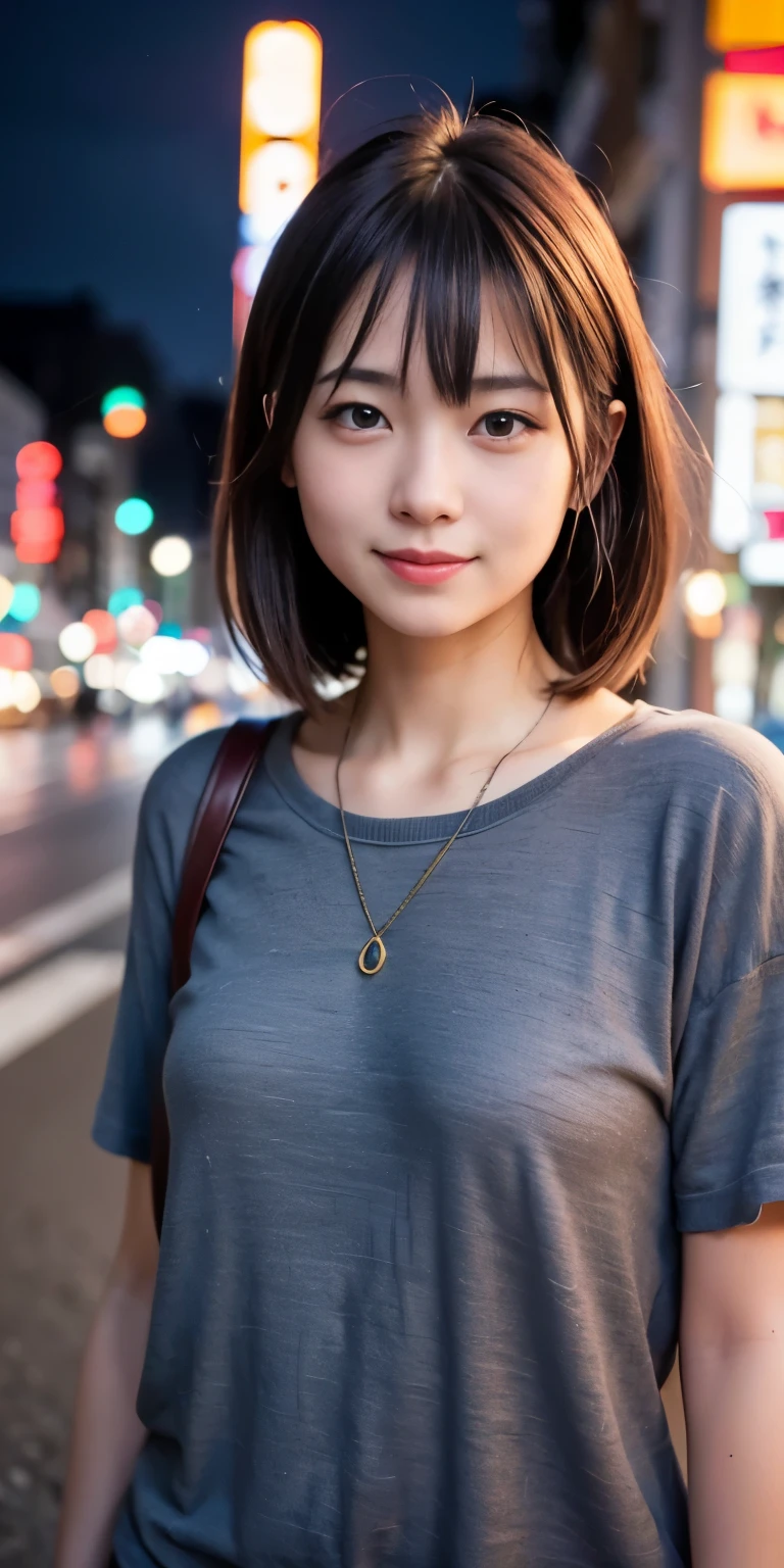 1 Girl, Tokyo Street,night, Streetscape,City lights,Upper Body,close,smile,, (8K, Raw photo, highest quality, masterpiece:1.2),(Realistic, photo-Realistic:1.37),