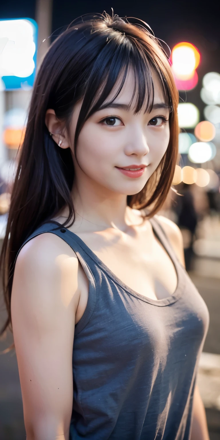 1 Girl, Tokyo Street,night, Streetscape,City lights,Upper Body,close,smile,, (8K, Raw photo, highest quality, masterpiece:1.2),(Realistic, photo-Realistic:1.37),