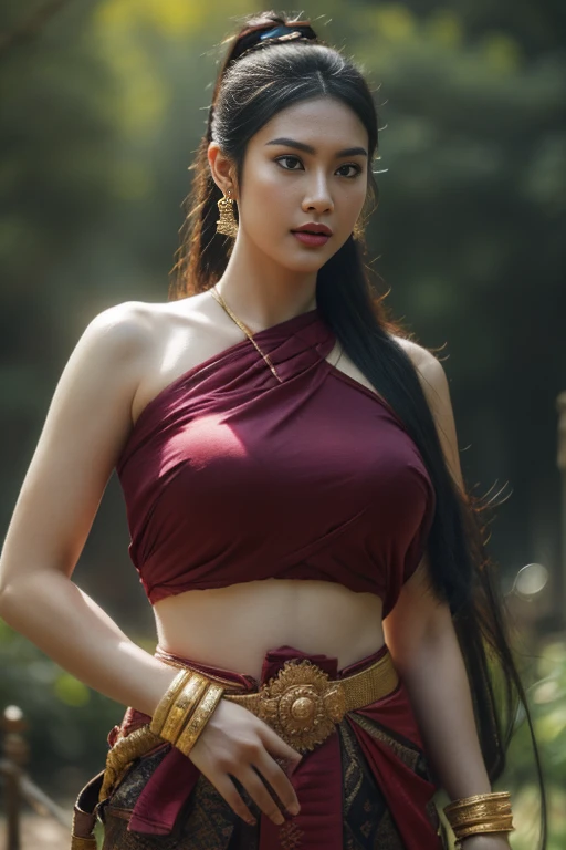 beautiful girl ,Thai women&#39;warrior, walking at thai measure, dynamic poses, Thai Noi, long ponytail,black eyes,abdominal muscles, plump body, rounded chest, (big breast:1.3), Hold the bow in hand and aim at the target. , rift, morning sun, staring at the audience, (dynamic poses), ((face details)), Double eyelids, that is finished, realistic, Masterpiece, Highest quality, lens flare, shade, old measure, measure, [[Chromatic aberration]], By Jeremy Lipking, By Antonio J... Manzanedo, digital painting, HDR, high contrast
