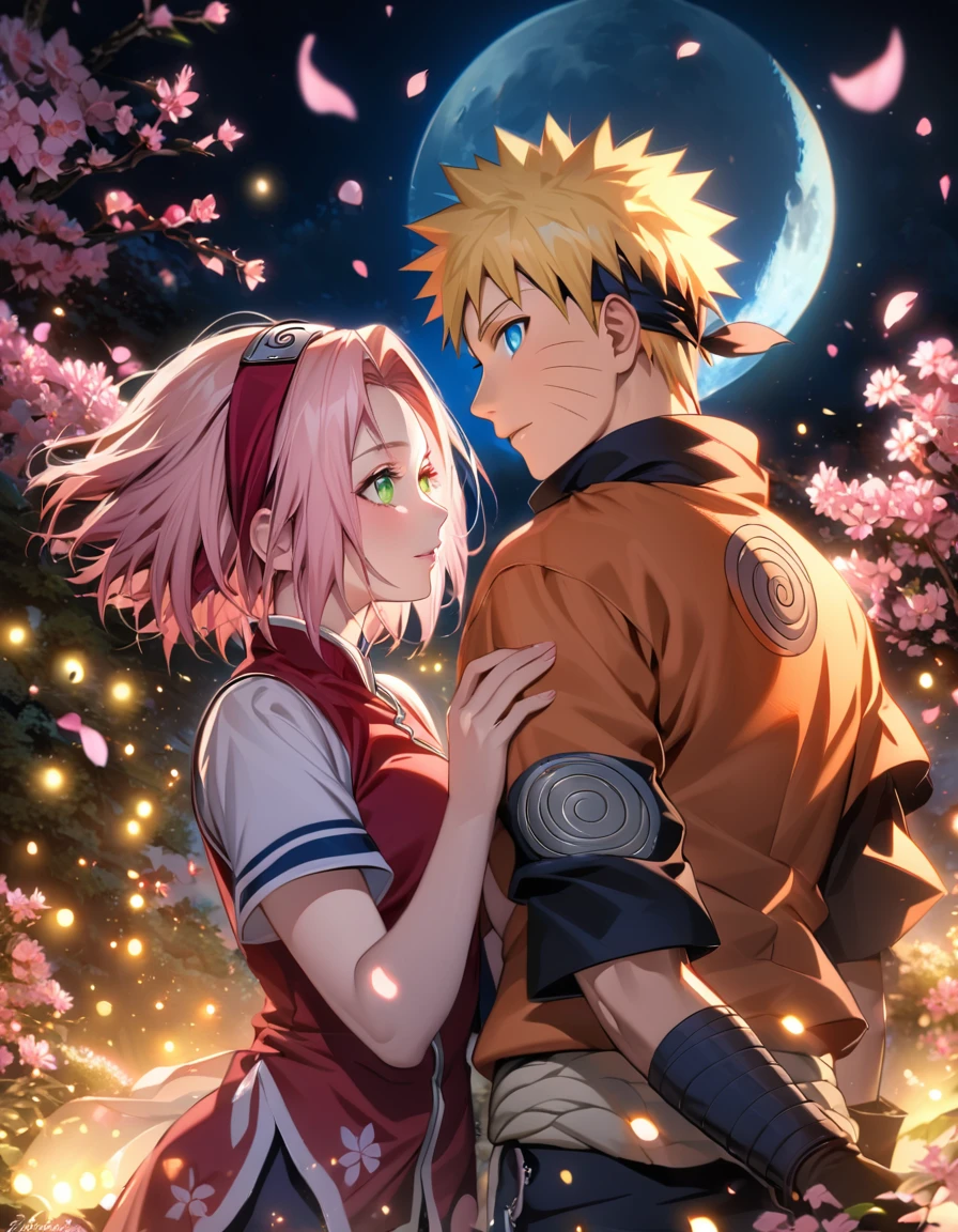 Ultra detailed, highres, absurdres, HDR, Haruno Sakura, pink short hair, green eyes, Uzumaki Naruto, blue eyes, blond hair, Naruto Shippuden, pink flowers, petals, fireflies, moon, 1 woman together with 1 man, couple, handsome, beautiful, very detailed face and eyes