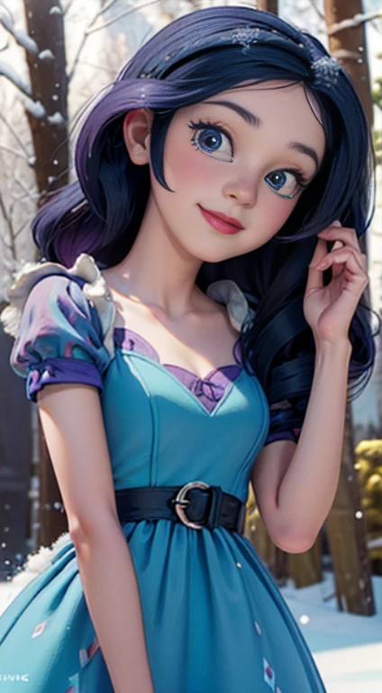 ((best quality)), ((highly detailed)), masterpiece, (detailed eyes, deep eyes), (1girl), dynamic angle, cowboy shot, mlprarity, woman, smile, looking at viewer, ((bright purple hair)), ((blue eyes)), (((wearing a snow white dress))), elegant pose, cleavage, (outdoors, forest)