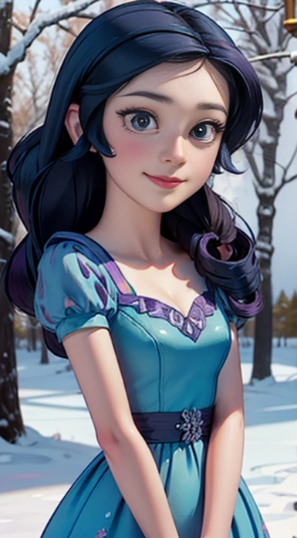 ((best quality)), ((highly detailed)), masterpiece, (detailed eyes, deep eyes), (1girl), dynamic angle, cowboy shot, mlprarity, woman, smile, looking at viewer, ((bright purple hair)), ((blue eyes)), (((wearing a snow white dress))), elegant pose, cleavage, (outdoors, forest)