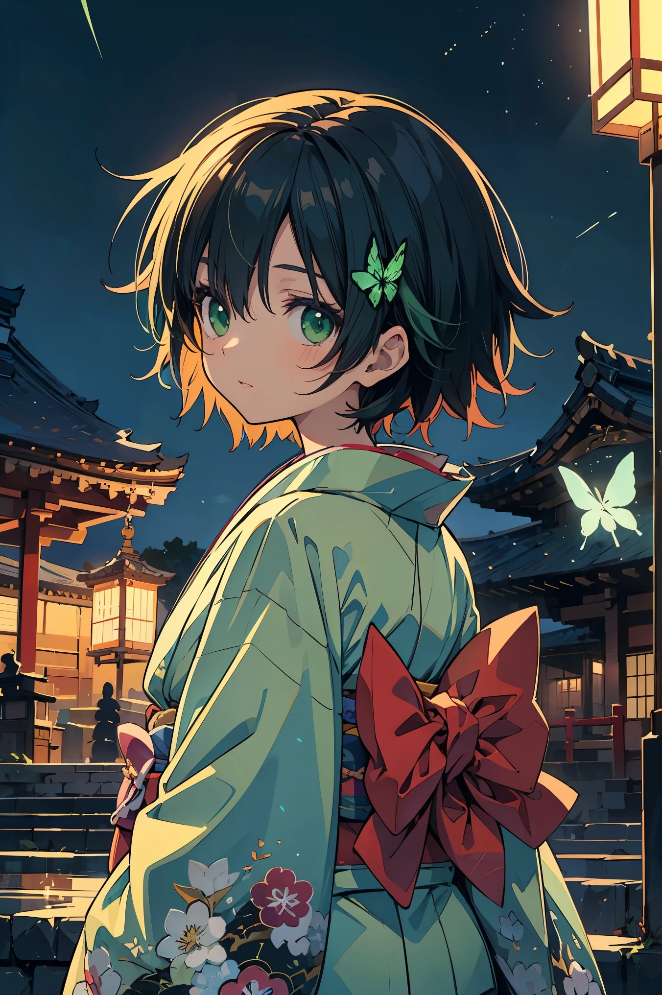 (masterpiece:1.2), (highest quality:1.2), Ultra-high resolution, Super detailed, Perfect Eyes, Perfect Face, Perfect lighting,((Anime girl at Kiyomizu-dera temple)), ((looking away:1.4)), Surreal girl, (one person,Lolita,boyish, , :1.3),Full Finger,, Androgynous charm, (Very short hair), Black Hair, Messy Hair, small and soft breasts,Slender body, Small Ass, Small green eyes,Detailed and beautiful eyes, Well-proportioned iris and pupil, Expressive eyes, Beautifully detailed lips, High resolution detailed hair, ((light green kimono:1.4)),(Red butterfly embroidery),(Gorgeous kimono), Ultra-dense skin, ((noon)), Gweiz-style artwork, Makoto Shinkai's art style, lofi portrait, Digital anime art, Makoto Shinkai style, LOFI Girl, Anime-style illustrations, lofi art style, Anime illustration