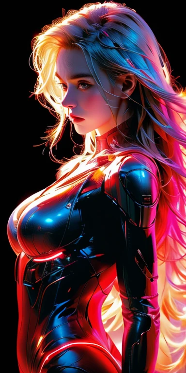 Realistic 8k.Picture only of the upper part,high resolution, Bright glare,1 woman, alone,blonde hair long hair, Mecha Musume, Orange Metallic-Titanium Machinery robot joint, single mechanical arm, Mechanical radius, Bikini body suit with many neon lights,A white bodysuit has several neon bulbs.,Body armor chest set with 4 large electric bulbs.,With colorful lights There was a bright purple light.(Very bright)Colorful beams of light shoot from the armor.,Light radiated from the armor.,, city at night
