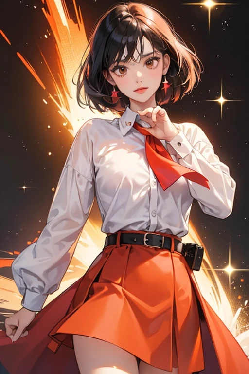 She is a thin orange with scarlet lips and black hair who wears a white shirt with a red handkerchief and a hot pink skirt with a brown belt. SPARKLE; GLITTER