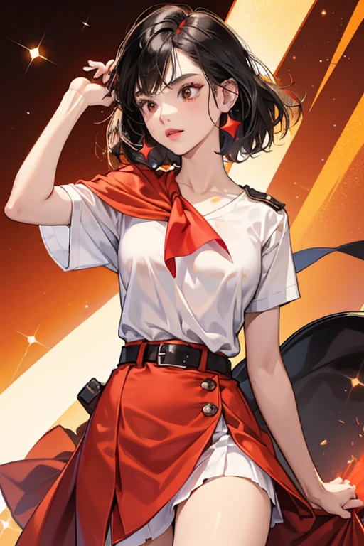 She is a thin orange with scarlet lips and black hair who wears a white shirt with a red handkerchief and a hot pink skirt with a brown belt. SPARKLE; GLITTER