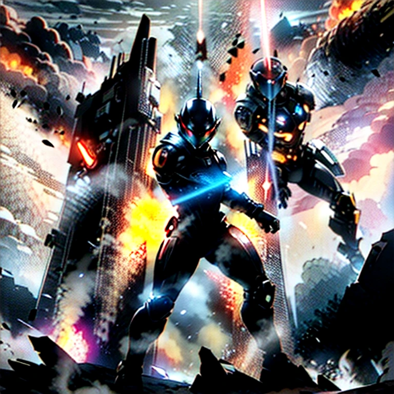 modern pulp magazine style image depicting an intense intergalactic battle scene. The illustration features space warriors distinctively designed armor, fully utilizing the widescreen format to show dynamic combat against grotesque, otherworldly demons. The scene unfolds on a devastated alien planet, with the battlefield stretching across the full width of the image. The dramatic, war-torn landscape and high-contrast colors enhance the visual intensity of the battle, making it memorable and striking. —ar 16:9