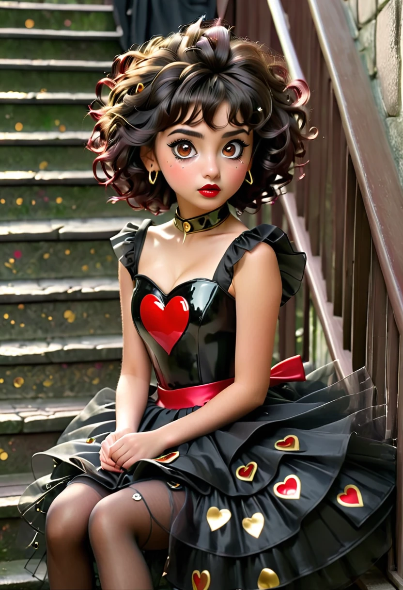 ((Sitting on the stairs)) I a girl with ((small brown shiny eyes)) ((thick  Black eyelashes)) ((short curly balck hair)) ((curly bangs falling on one side)) burgundy lips, Black bodice with black puffy bubble skirt attached. The skirt and bodice is covered with red and gold  heartshaped stickers