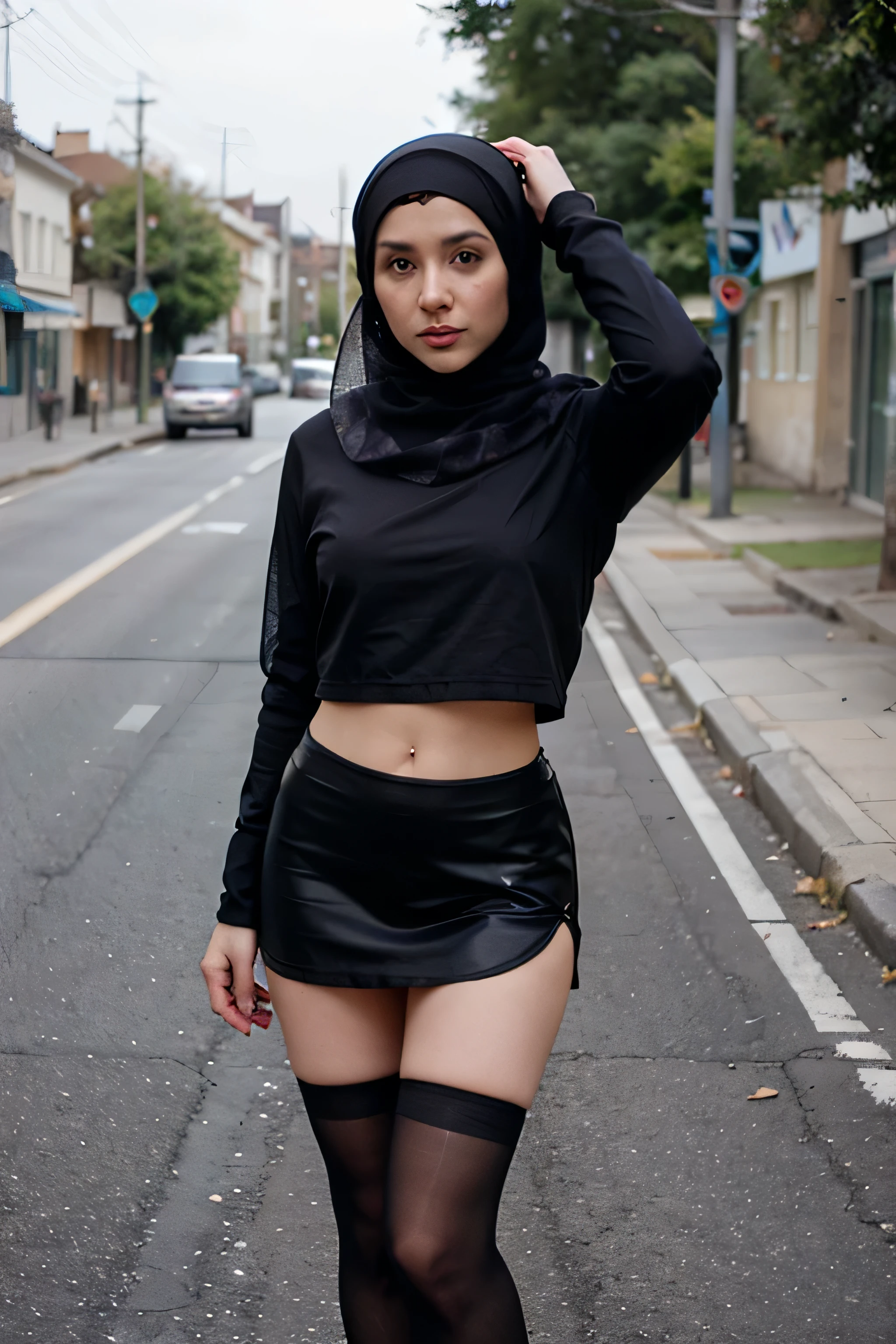 girl with hijab, black long socks, mini skirt and transparent crop top