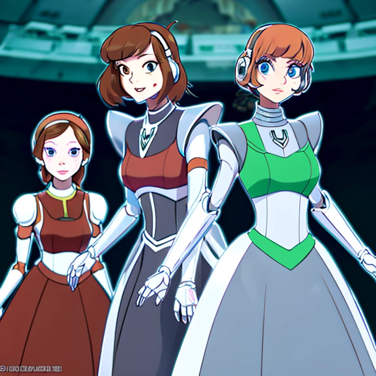 Multiple robot women, 
 They all have perfect human female faces..,
 Everything except the face is a machine..,
 Not everyone is dressed,
 brown hair,
 Wavy Hair,
 Hazel Eyes,
 Very detailed,
 smile,
 Everything except the face is a machine..,
 They all have mechanical limbs.,
 There&#39;s not enough clothing for everyone,
 All exposed internal skeleton,
 Everyone has a different colored endoskeleton.,
 full body shot, 
 clone,
 Millions of Robot Girls,
 Crowded,
 Robot girls are marching in the background.,
 Everyone is showing each other their bodies,
 Embarrassing