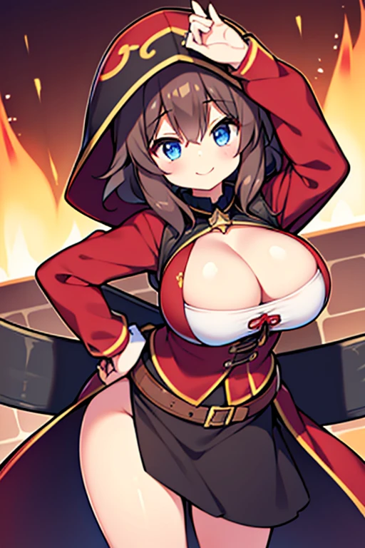 1girl, young girl, solo, blush, (Dark-Brown hair), ((messy hair)), (very long hair), Beautiful Blue eyes, ((excessively large chest)), ((Huge ed)), Red shirt, Black hood over head, Black Skirt, Putting one hand on her hip, smiling, ((detail face)), 8k, super detail, masterpiece, high quality, high resolution, high detail, high face detail, HD quality, very cute, bright, very wide hips, she is a “Pyromancer”, or learning to be one.