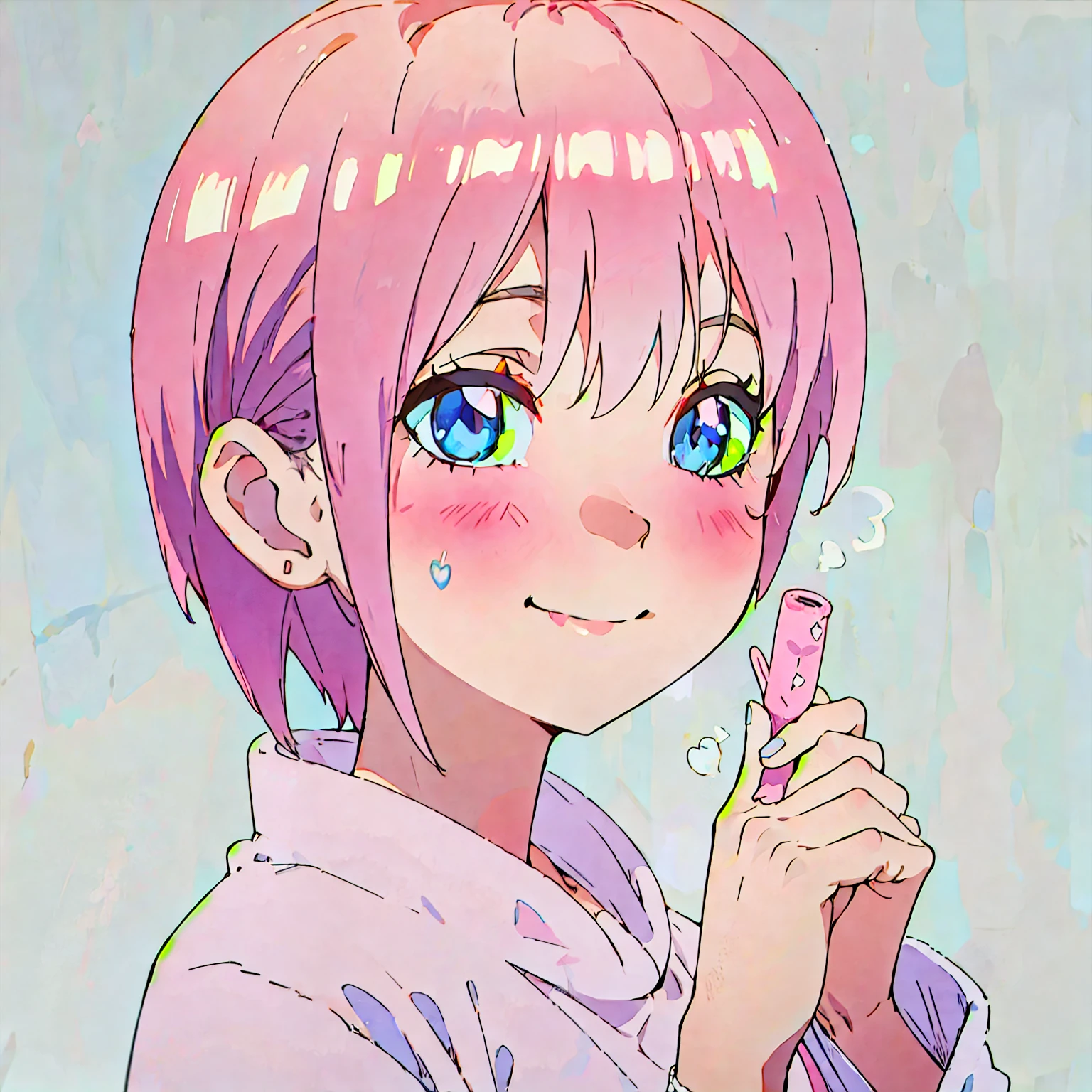 1 girl, solo, Ichika nakano, nakano_ichika, short silky pink hair,, beautiful, masterpiece, best quality, ichika nakano, short pink hair, blue eyes, 1 sticker, sticker, white background, no background,  background, minimal, cute, tiny, pastel color, vector style, no gradient, simple stickers, teasing smile, cute expression, COLORFUL, BRIGHT COLOURS