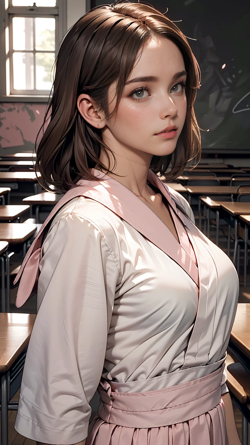 (1 girl:1.3), break, Half Body Shot, Japanese, 17 year old supermodel, thin, high school girl, (From the side), View your viewers, (highest quality:1.4), 32k resolution, (Realistic:1.5), (Super Realistic:1.5), High resolution 32k UHD, (masterpiece:1.2)), (Improvement of quality:1.4), (very beautiful facial details), (Highest quality Realistic skin texture:1.4), (Perfect Anatomy:1.2), (Are standing:1.37), Please show me your belly, (((pink , pinkのセーラー服:1.15))), ((pinkのプリーツミニスカート:1.15)), Do not emphasize the top of the bust, ((In the classroom:1.15)), Accurate Fingers, Very detailed, Symmetrical eyes, Natural Makeup, ((A good eye for quality:1.2)), (tired, Sleepy and satisfied:0.0), (Fine lips:1.33), (fine nose:1.2), ((Physically Based Rendering of the Background:1.37)), bent:1.2, big breasts, (Heavy chest:1.1, thin lower body), brown hair, (Choppy Hair:1.37), Anxious face, Gentle light shines on face and body。, Spectacular and emotional cinematic lighting
