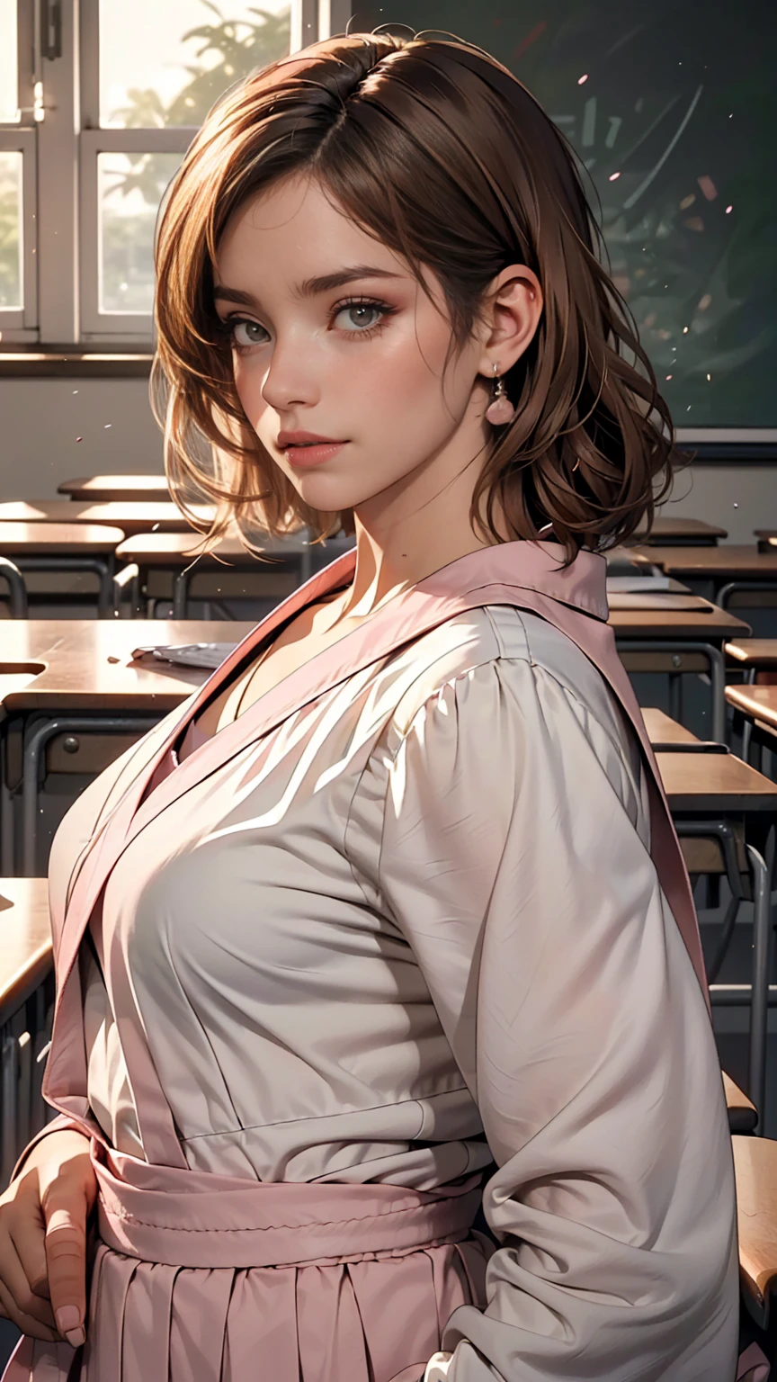 (1 girl:1.3), break, Half Body Shot, Japanese, 17 year old supermodel, thin, high school girl, (From the side), View your viewers, (highest quality:1.4), 32k resolution, (Realistic:1.5), (Super Realistic:1.5), High resolution 32k UHD, (masterpiece:1.2)), (Improvement of quality:1.4), (very beautiful facial details), (Highest quality Realistic skin texture:1.4), (Perfect Anatomy:1.2), (Are standing:1.37), Please show me your belly, (((pink , pinkのセーラー服:1.15))), ((pinkのプリーツミニスカート:1.15)), Do not emphasize the top of the bust, ((In the classroom:1.15)), Accurate Fingers, Very detailed, Symmetrical eyes, Natural Makeup, ((A good eye for quality:1.2)), (tired, Sleepy and satisfied:0.0), (Fine lips:1.33), (fine nose:1.2), ((Physically Based Rendering of the Background:1.37)), bent:1.2, big breasts, (Heavy chest:1.1, thin lower body), brown hair, (Choppy Hair:1.37), Anxious face, Gentle light shines on face and body。, Spectacular and emotional cinematic lighting