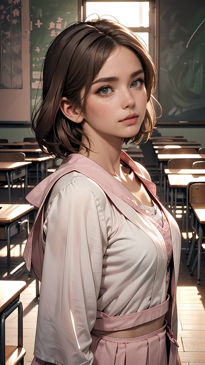 (1 girl:1.3), break, Half Body Shot, Japanese, 17 year old supermodel, thin, high school girl, (From the side), View your viewers, (highest quality:1.4), 32k resolution, (Realistic:1.5), (Super Realistic:1.5), High resolution 32k UHD, (masterpiece:1.2)), (Improvement of quality:1.4), (very beautiful facial details), (Highest quality Realistic skin texture:1.4), (Perfect Anatomy:1.2), (Are standing:1.37), Please show me your belly, (((pink , pinkのセーラー服:1.15))), ((pinkのプリーツミニスカート:1.15)), Do not emphasize the top of the bust, ((In the classroom:1.15)), Accurate Fingers, Very detailed, Symmetrical eyes, Natural Makeup, ((A good eye for quality:1.2)), (tired, Sleepy and satisfied:0.0), (Fine lips:1.33), (fine nose:1.2), ((Physically Based Rendering of the Background:1.37)), bent:1.2, big breasts, (Heavy chest:1.1, thin lower body), brown hair, (Choppy Hair:1.37), Anxious face, Gentle light shines on face and body。, Spectacular and emotional cinematic lighting