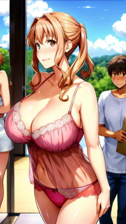 anime、woman、40歳woman、Mother of one 、Big Breasts、Cleavage、Red cheeks、Uplifting、Adult、sexy、Light pink babydoll camisole、Panties、No bra、Staring at the audience、Ask for an audience、Very smile