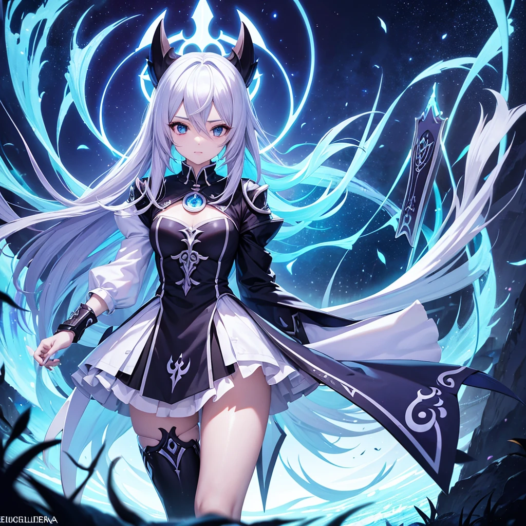 anime girl sitting on a table with a purple background, anime monster girl, Digital art on Pisiff, anime fantasy illustration, gothic maiden anime girl, alchemist girl, white haired deity, mechanized witch girl, arcane art style, beautiful necromancer girl, holy cyborg necromancer girl, Pisif, ahegao, demon anime girl