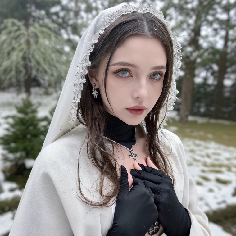 1 miniature Beautiful beautiful woman - Yuan Sayuki, ((top quality, 8K, Masterpiece:1.retty woman, 1 woman, huge breasts:1.3, a slim body:1.1, lush white short hair, (shower, wet body, wet clothes:1.1), very detailed face, detailed lips, detailed eyes, double eyelids, Detailed blue eyes, чрезвычайно Detailed Outstanding Blue Eyes, short white wet hair, white wet hair, Detailed Outstanding Blue Eyes, innocent look at the viewer, very wet wavy white hair, Detailed Outstanding Blue Eyes, huge cross earrings, Outdoors, badges behind, gothic wedding uniform, sexy gothic style wedding dress with veil, bare chest, huge chest tattoo wearing a wreath, detailed huge catholic cross earrings, chest tattoo, Outside - there are trees and a buddhist temple in the background (mountain vicinity), wear a silver cross (Detailed cross shape), reality mode, wet breasts, black necklace, black wedding dress and black veil, human crowd behind, head/forehead chain veil, black latex gloves, naked breasts, naked breasts, naked nipples, hair of white snowy colour, night time, red neon lights, demonic nun, nimbus (golden lighting ring above her head), angel, snowy weather, Detailed buddhist temple behind