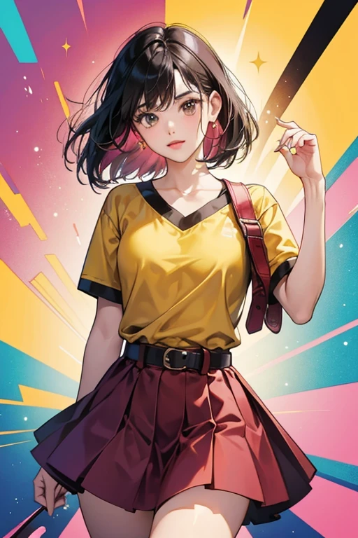 She is a thin pink with dark pink lips and black hair who wears a yellow shirt with a red handkerchief and a brown skirt with a black belt. SPARKLE; GLITTER