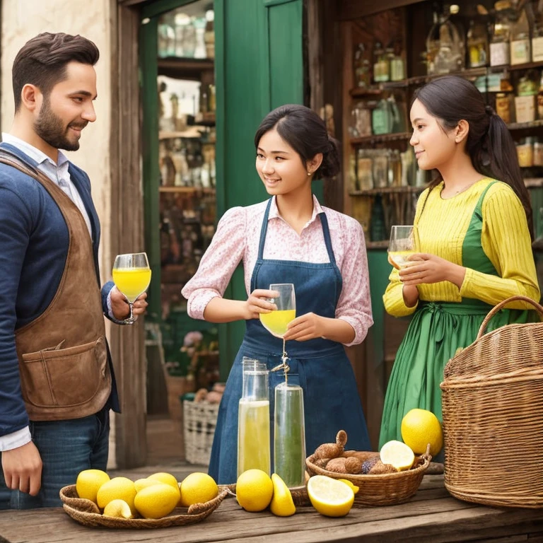 A man and a woman in a lemonade shop, each holding a glass, and the saleswoman is talking to them.