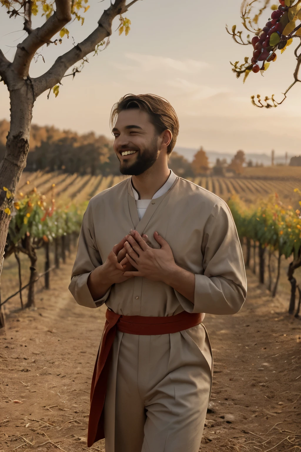 ((mejor calidad)), ((Obra maestra)), cara perfecta
((Generar la imagen con el estilo de una pintura al oleo))
((La vestimenta es color roja))
A handsome young man with a beard smiling looking towards the horizon that is a beautiful sunset, who is dressed in a "Dalmatic" ((color roja la vestimenta)), que es una casulla religiosa de ((color rojo)) de diacono vestimenta color roja, He is walking through some vineyards. Tiene un halo en la cabeza indicando santidad. Es importante para la imagen que ((en una mano trae un racimo de uvas)). y ((en la otra mano trae una rama de una palma de arbol)). Generar la imagen con el estilo de una pintura al oleo.