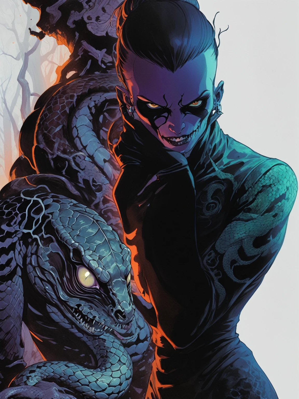 Medusa, splash page decompressed comic cover art, ink style figure, candid, snake skin dress, ((art style expressive Joelle Jones and "Sean Gordon Murphy" comic drawing)), cinematic poster double exposure, optical illusion, image within image, abyss void black no visibility darkness, full body portrait, (background, pine barrens, entropy, rewilding, magic hour sunset with galaxy stars, cosmos), (horror, abstract, surreal, body, cosmic), body drawn in Frederic Delavier musculature anatomical illustration art style, (face, ornate black metal corpse paint, resembles Grace Jones), (body, Naga, snakefolk, lower body snake tail, snake woman hybrid, bald, hairless, skeleton, snake skin tattoos, piercing eyes, snake pupils, over the shoulder), (colors, merge bleak muted deep fiery radiant glowing ROYGBIV, forest green to earth brown), craftsmanship nuance, (art style Gerardo Zaffino charcoal), subliminal orchids, nyctophobia, (wordless, single image), silhouette